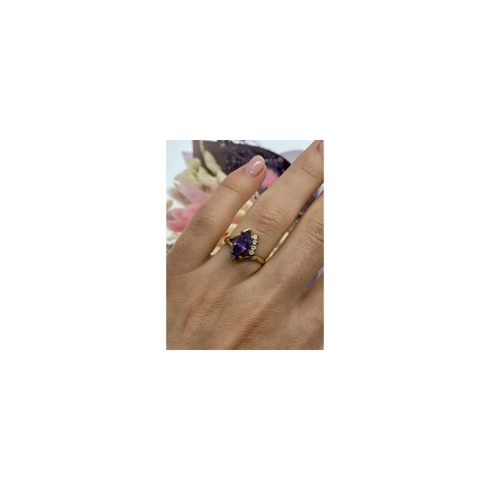 925 Sterling Silver Gold Plated Amethyst & CZ Ring Size 7