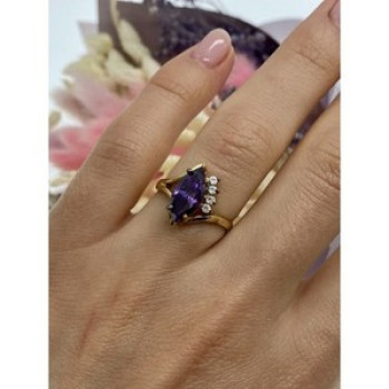 925 Sterling Silver Gold Plated Amethyst & CZ Ring Size 7