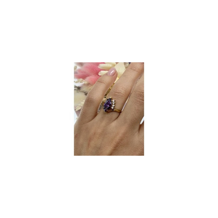 925 Sterling Silver Gold Plated Amethyst & CZ Ring Size 7