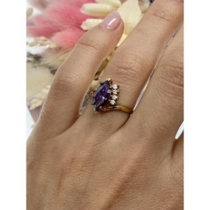 925 Sterling Silver Gold Plated Amethyst & CZ Ring Size 7