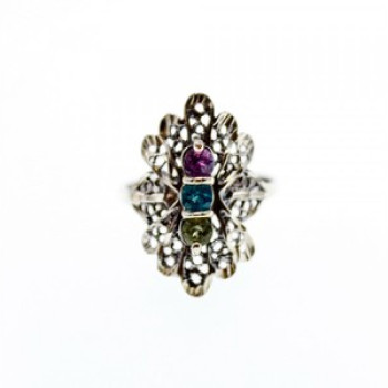 925 Sterling Silver Amethyst, Topaz & Peridot Openwork Ring Size 5