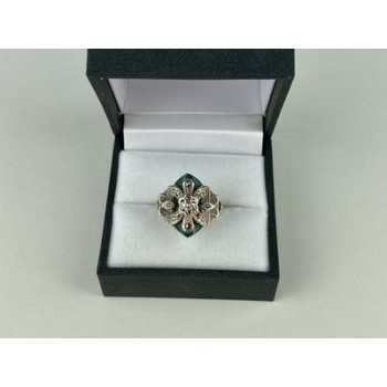 925 Sterling Silver Green Nephrite (Jade) & Marcasites Ring Size 5.5