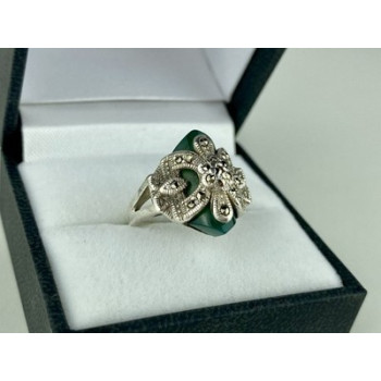 925 Sterling Silver Green Nephrite (Jade) & Marcasites Ring Size 5.5