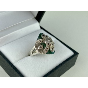 925 Sterling Silver Green Nephrite (Jade) & Marcasites Ring Size 5.5