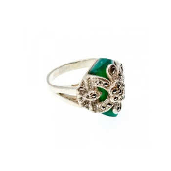 925 Sterling Silver Green Nephrite (Jade) & Marcasites Ring Size 5.5