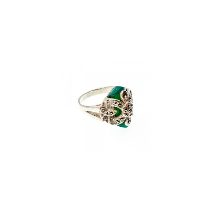 925 Sterling Silver Green Nephrite (Jade) & Marcasites Ring Size 5.5