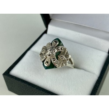 925 Sterling Silver Green Nephrite (Jade) & Marcasites Ring Size 5.5