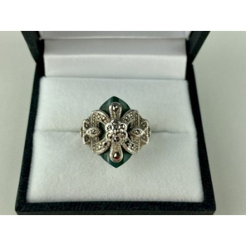 925 Sterling Silver Green Nephrite (Jade) & Marcasites Ring Size 5.5