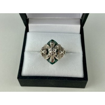925 Sterling Silver Green Nephrite (Jade) & Marcasites Ring Size 5.5