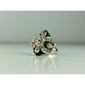 925 Sterling Silver Green Nephrite (Jade) & Marcasites Ring Size 5.5