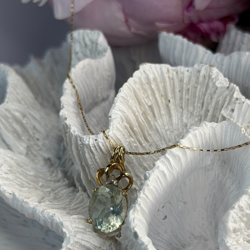 10K Yellow Gold Prasiolite & Diamond Necklace Length 18 Inch
