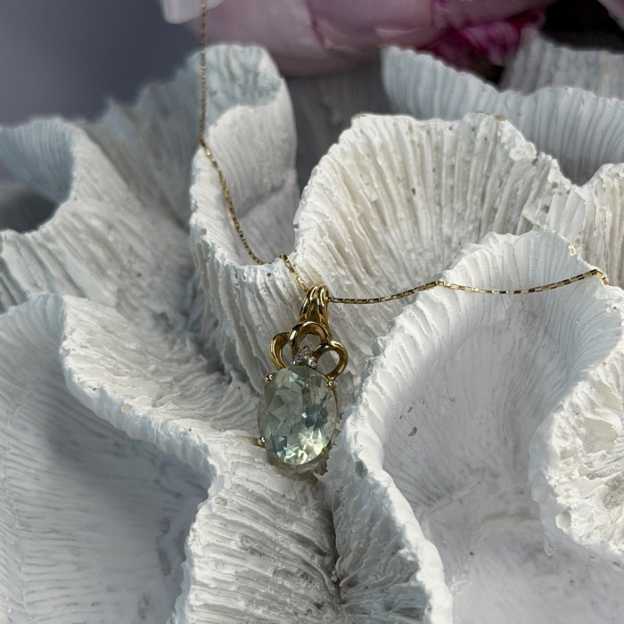 10K Yellow Gold Prasiolite & Diamond Necklace Length 18 Inch