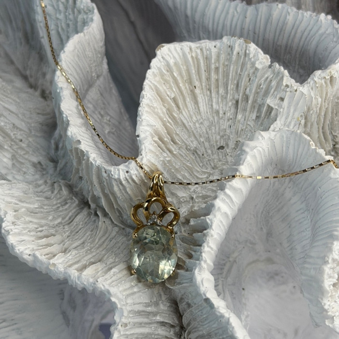 10K Yellow Gold Prasiolite & Diamond Necklace Length 18 Inch