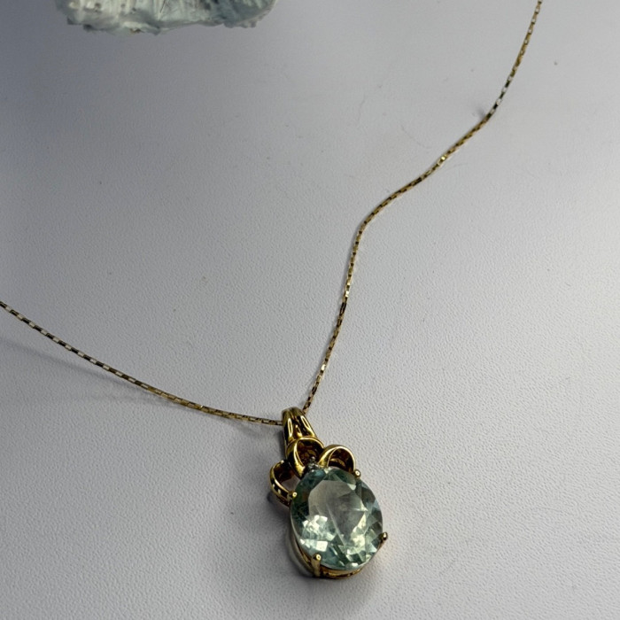 10K Yellow Gold Prasiolite & Diamond Necklace Length 18 Inch