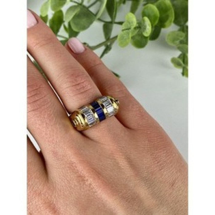 925 Sterling Silver Gold Plated Sapphires & CZ Ring Size 7