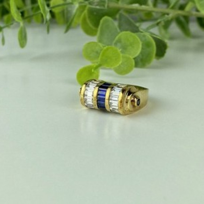925 Sterling Silver Gold Plated Sapphires & CZ Ring Size 7