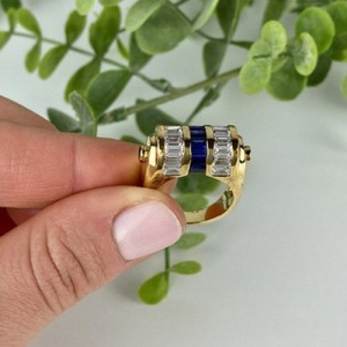 925 Sterling Silver Gold Plated Sapphires & CZ Ring Size 7