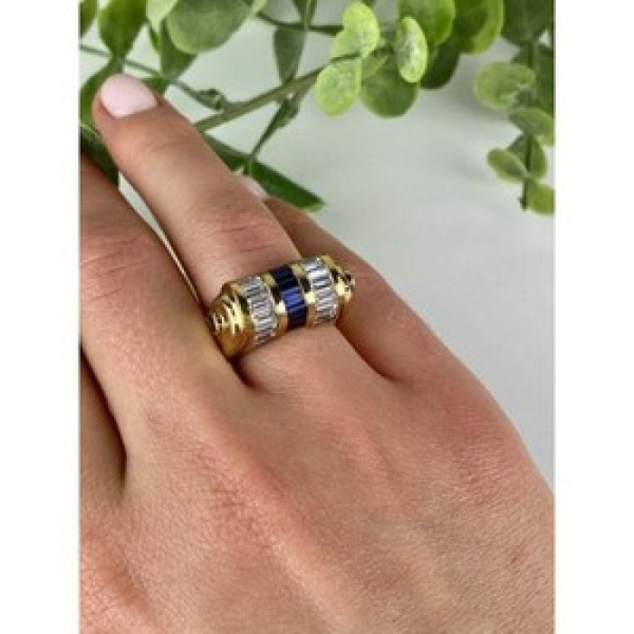 925 Sterling Silver Gold Plated Sapphires & CZ Ring Size 7