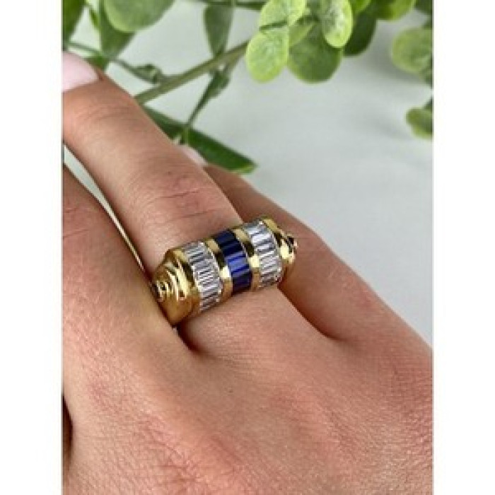 925 Sterling Silver Gold Plated Sapphires & CZ Ring Size 7
