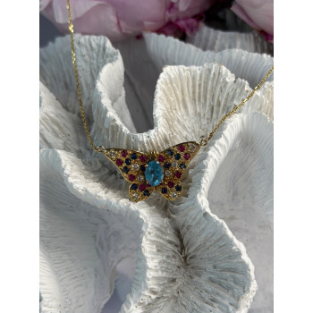 14K Yellow Gold Topaz Ruby Sapphire Diamond Necklace Butterfly