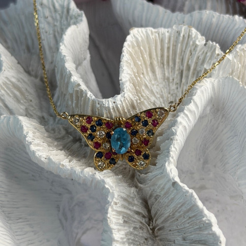 14K Yellow Gold Topaz Ruby Sapphire Diamond Necklace Butterfly