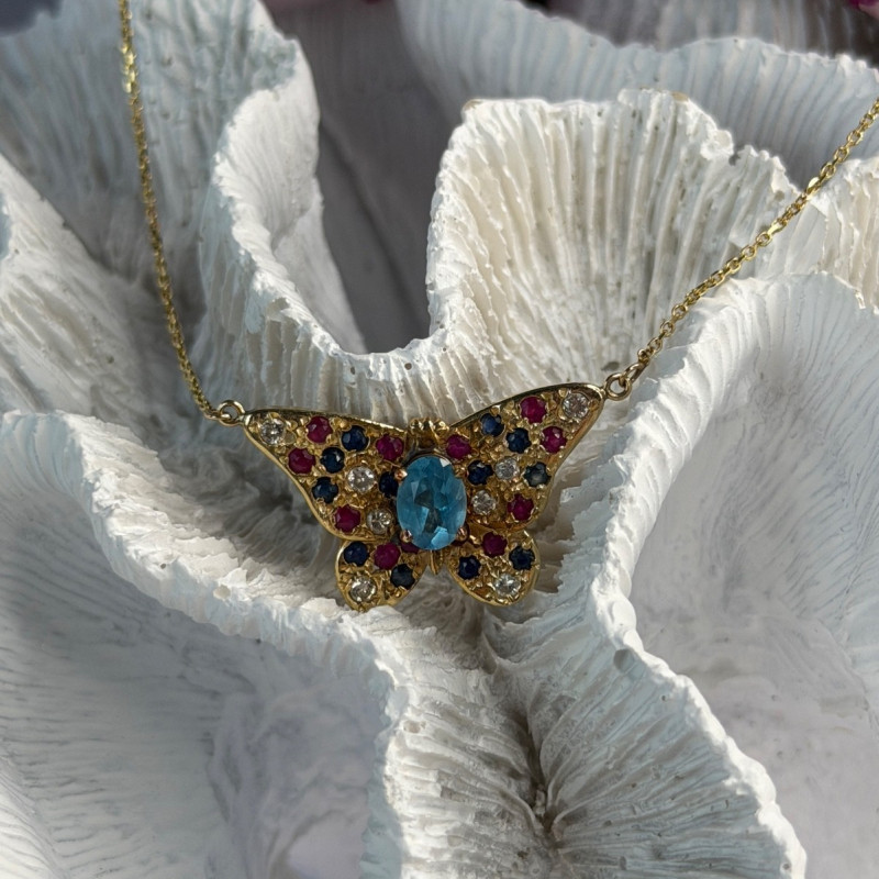 14K Yellow Gold Topaz Ruby Sapphire Diamond Necklace Butterfly