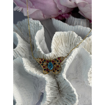 14K Yellow Gold Topaz Ruby Sapphire Diamond Necklace Butterfly