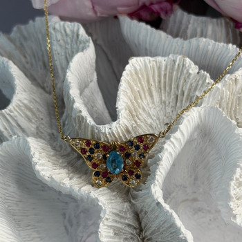 14K Yellow Gold Topaz Ruby Sapphire Diamond Necklace Butterfly