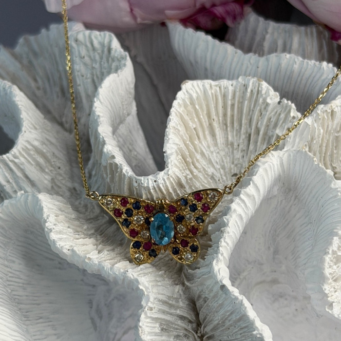 14K Yellow Gold Topaz Ruby Sapphire Diamond Necklace Butterfly