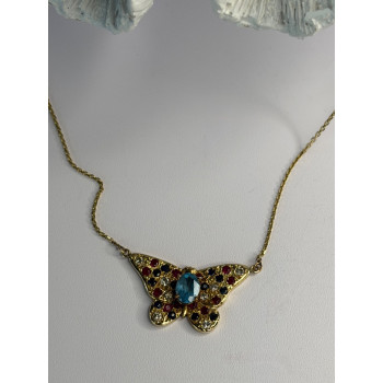 14K Yellow Gold Topaz Ruby Sapphire Diamond Necklace Butterfly