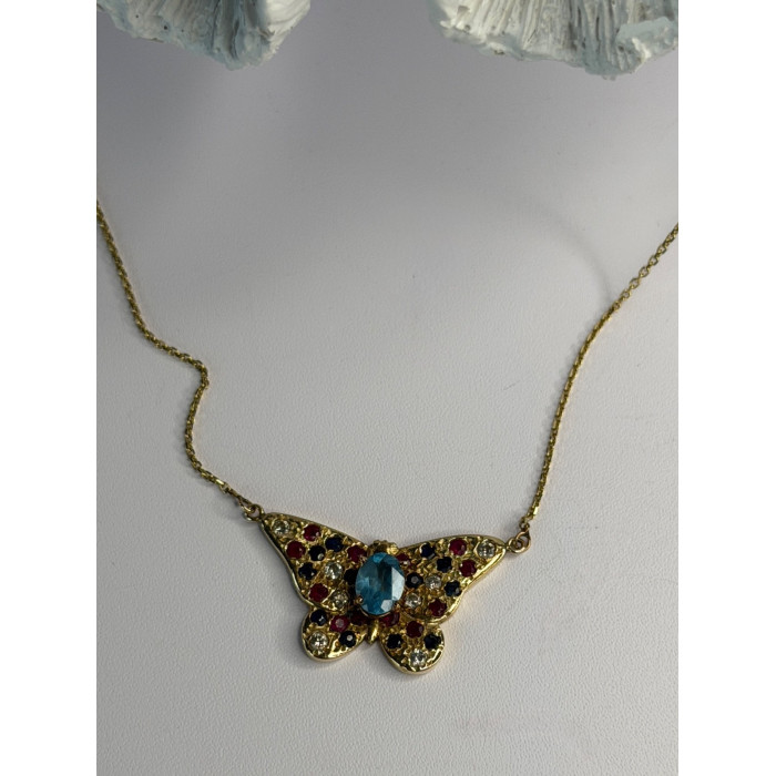14K Yellow Gold Topaz Ruby Sapphire Diamond Necklace Butterfly