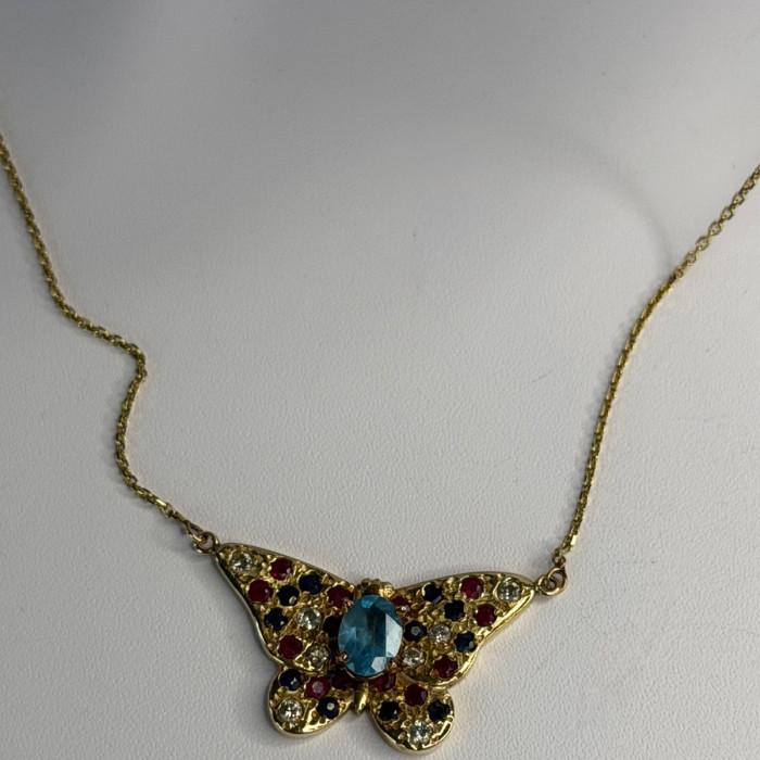 14K Yellow Gold Topaz Ruby Sapphire Diamond Necklace Butterfly