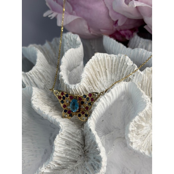 14K Yellow Gold Topaz Ruby Sapphire Diamond Necklace Butterfly