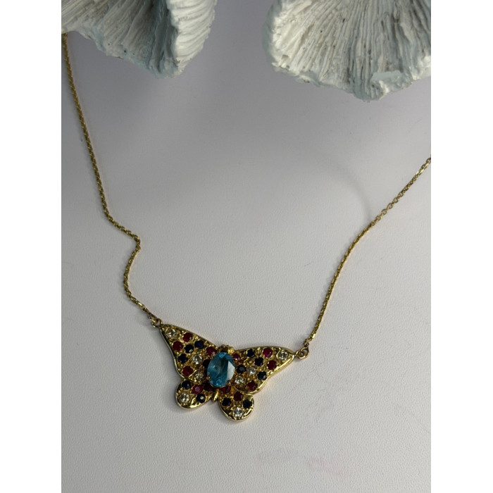 14K Yellow Gold Topaz Ruby Sapphire Diamond Necklace Butterfly