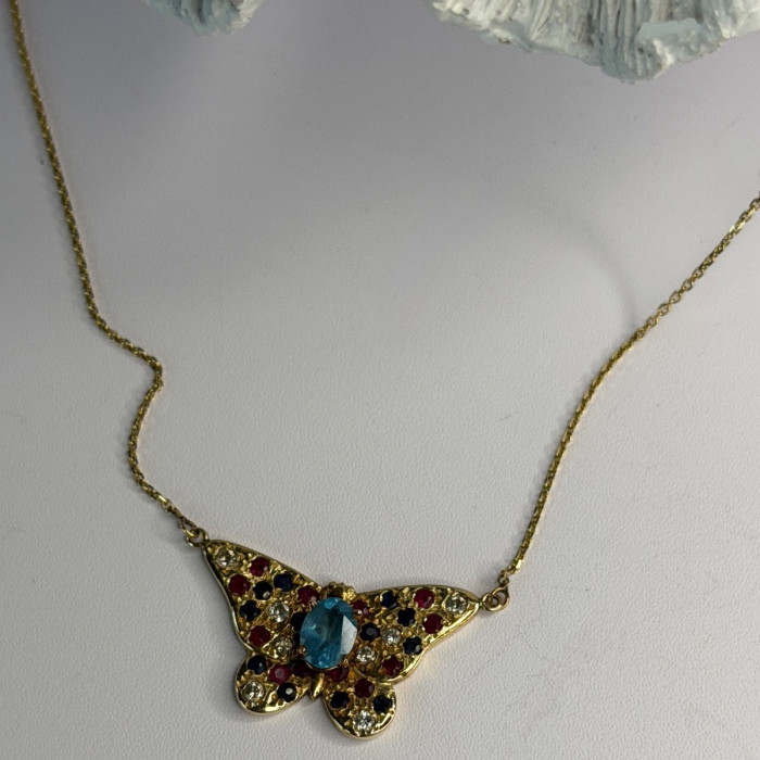 14K Yellow Gold Topaz Ruby Sapphire Diamond Necklace Butterfly