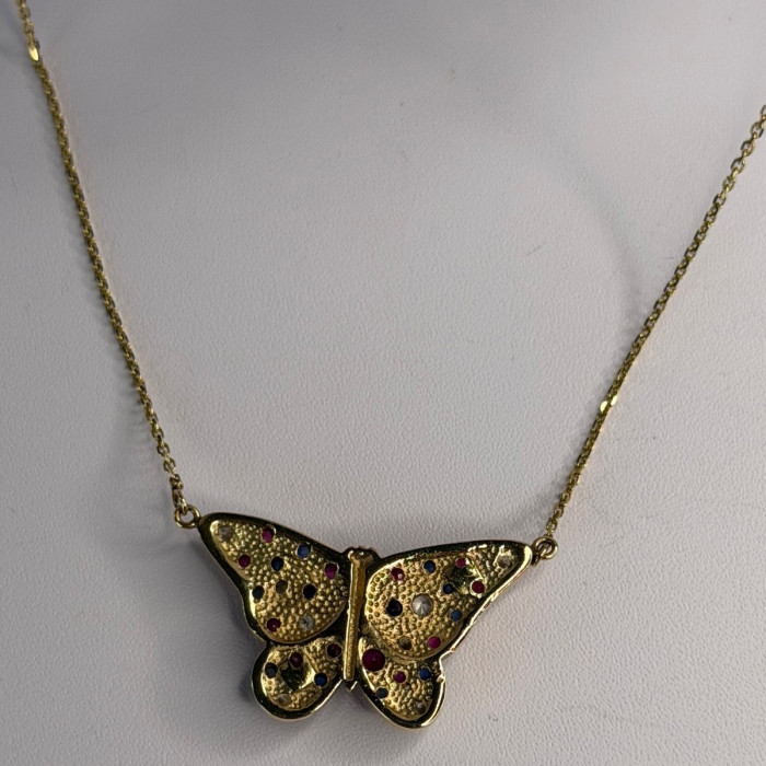 14K Yellow Gold Topaz Ruby Sapphire Diamond Necklace Butterfly