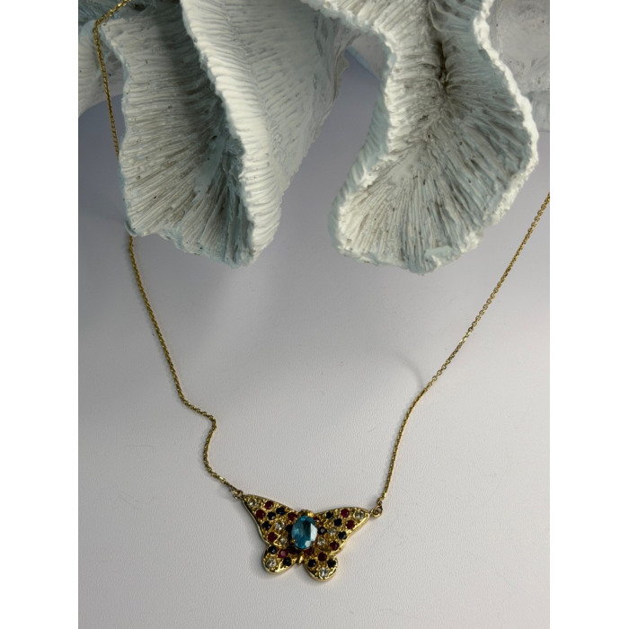 14K Yellow Gold Topaz Ruby Sapphire Diamond Necklace Butterfly