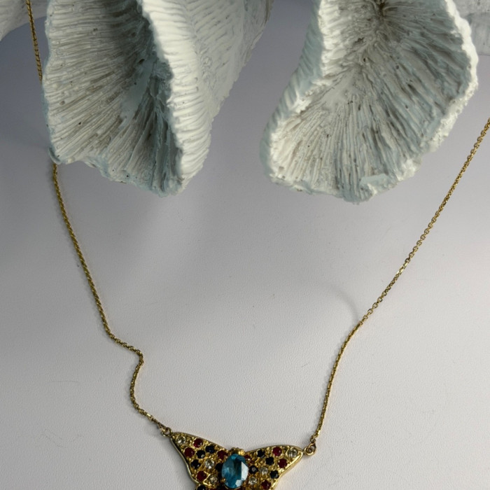 14K Yellow Gold Topaz Ruby Sapphire Diamond Necklace Butterfly