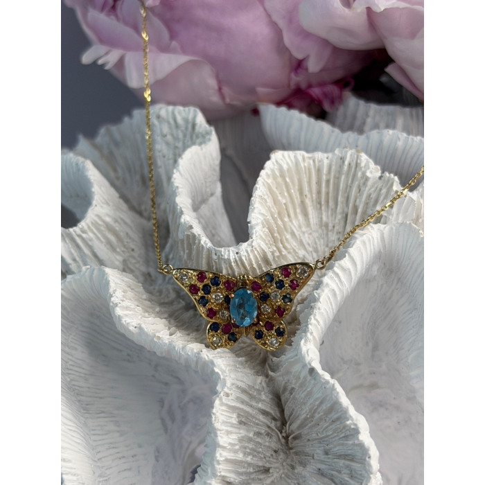 14K Yellow Gold Topaz Ruby Sapphire Diamond Necklace Butterfly