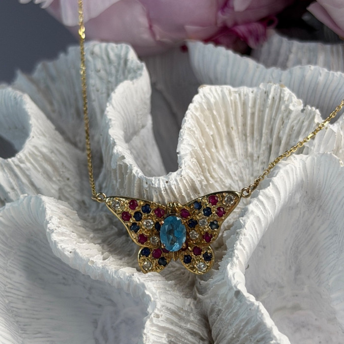 14K Yellow Gold Topaz Ruby Sapphire Diamond Necklace Butterfly