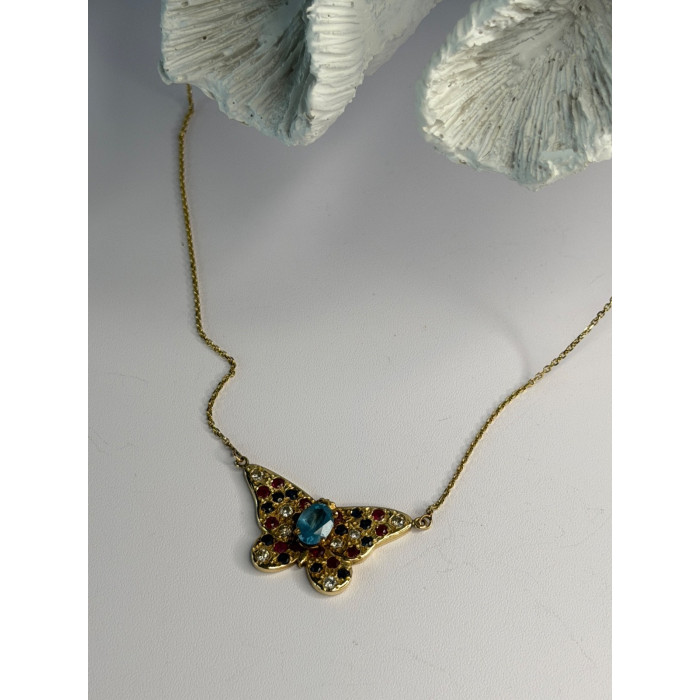 14K Yellow Gold Topaz Ruby Sapphire Diamond Necklace Butterfly