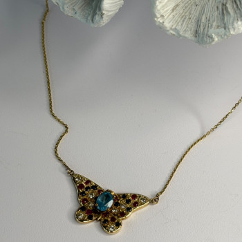 14K Yellow Gold Topaz Ruby Sapphire Diamond Necklace Butterfly