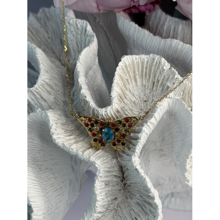14K Yellow Gold Topaz Ruby Sapphire Diamond Necklace Butterfly