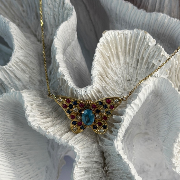 14K Yellow Gold Topaz Ruby Sapphire Diamond Necklace Butterfly