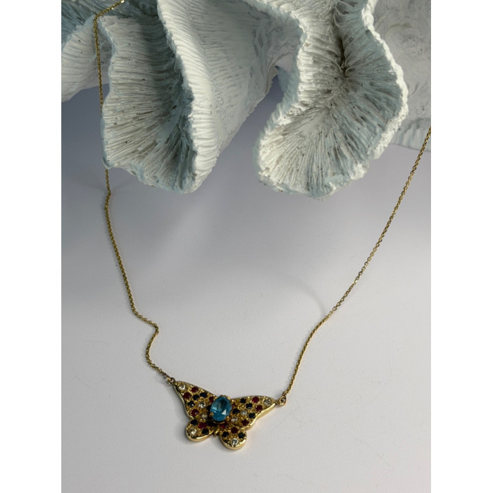 14K Yellow Gold Topaz Ruby Sapphire Diamond Necklace Butterfly