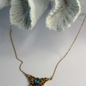 14K Yellow Gold Topaz Ruby Sapphire Diamond Necklace Butterfly