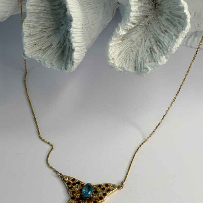 14K Yellow Gold Topaz Ruby Sapphire Diamond Necklace Butterfly