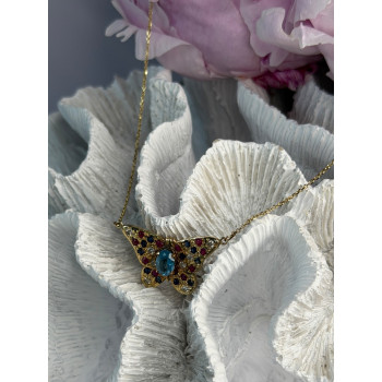 14K Yellow Gold Topaz Ruby Sapphire Diamond Necklace Butterfly