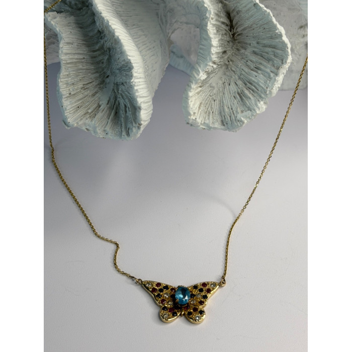 14K Yellow Gold Topaz Ruby Sapphire Diamond Necklace Butterfly