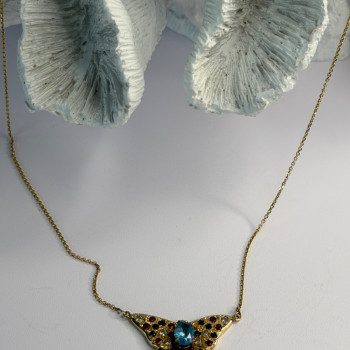 14K Yellow Gold Topaz Ruby Sapphire Diamond Necklace Butterfly